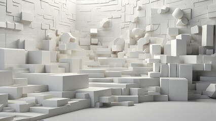 An abstract composition of white geometric blocks in different sizes creating an expansive 3D space effect