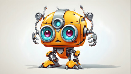 Animated robotic character painted yellow with expressive blue eyes and a quirky mechanical design