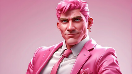 A pink-suited man depicted with a confident, assertive expression and a modern style