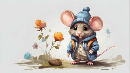 With its oversized clothes and inquisitive look, this charming mouse stands among flowers, evoking innocence and whimsy