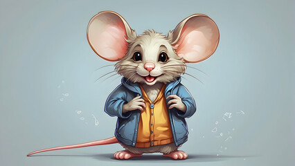 This charming illustration features a cartoon mouse with oversized ears wearing a stylish jacket and smiling sweetly