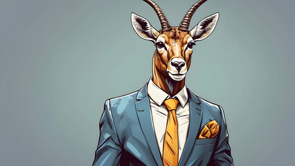 A dignified and impressive antelope wearing a sharp business suit, standing confidently with a fashionable look