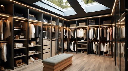 A chic walk-in closet with custom shelving, drawers, and plenty of hanging space
