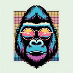 Groovy Gorilla: A Playful Pastel Synthwave Spectacle - Trendy Post-Impressionism Vector Art for T-Shirt Design. Generative AI