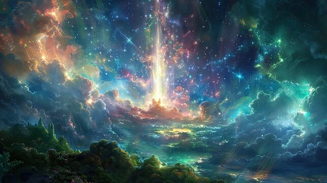 The image is showing the beauty of nature with vibrant colors and a bright light in the center, it gives the viewers a sense of hope and excitement.