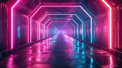 The image shows a long, futuristic tunnel with bright pink and blue neon lights. The tunnel is wet and reflecting the light.