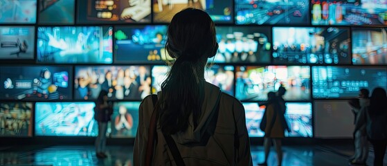 Obraz premium The image shows a person standing in front of a large video wall. The person is wearing a backpack and looking at the wall.