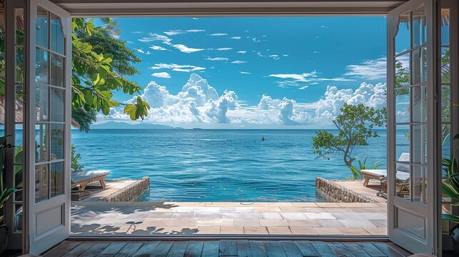 Fototapeta The open window of the villa offers a view of the sea. An idyllic picture of relaxation and tranquility. Generative AI