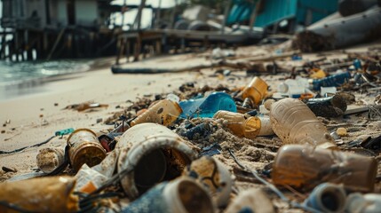 Raw, powerful image of old plastic residues and parts littering a natural sand environment, focusing on the pollution crisis