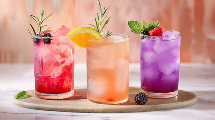Colorful berry infused drinks on table