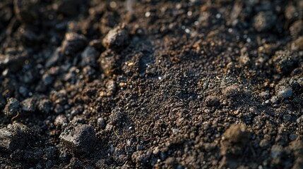 Macro shot of rich, dark humus, showing its textured organic composition in the soil, perfect for educational displays