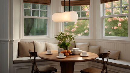A cozy breakfast nook with a built-in banquette, round table, and pendant lighting
