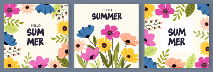 Set of bright summer floral postcards. Templates with multicolored flowers
