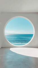 Fototapeta premium This minimalist photograph features a pristine white wall adorned with a round window, offering a picturesque view of the tranquil sea and the light blue summer sky. The serene atmosphere and refresh