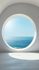 This minimalist photograph features a pristine white wall adorned with a round window, offering a picturesque view of the tranquil sea and the light blue summer sky. The serene atmosphere and refresh