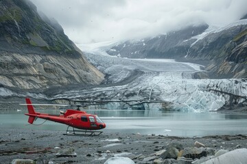 helicopter parked next to glacier near Vancouver