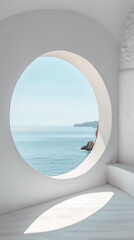 Fototapeta premium This minimalist photograph features a pristine white wall adorned with a round window, offering a picturesque view of the tranquil sea and the light blue summer sky. The serene atmosphere and refresh