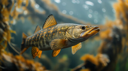 Closeup of a walleye fish swimming underwater inside a freshwater lake