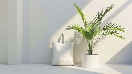 Minimalist setting featuring a white tote bag and a potted green plant on a plain surface