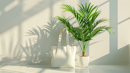 Minimalist setting featuring a white tote bag and a potted green plant on a plain surface