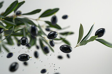 Fresh black olives with green leaves on a branch