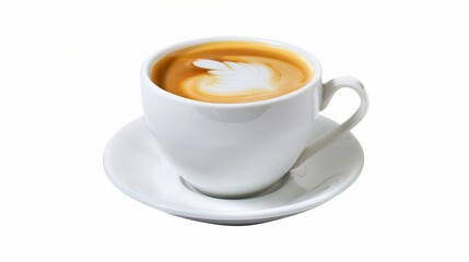 Obraz premium Cappuccino Coffee Cup with Artistic Latte Drawing on White Background, Ideal for Café Menu and Barista Art