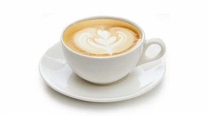 Cappuccino Coffee Cup with Artistic Latte Drawing on White Background, Ideal for Café Menu and Barista Art
