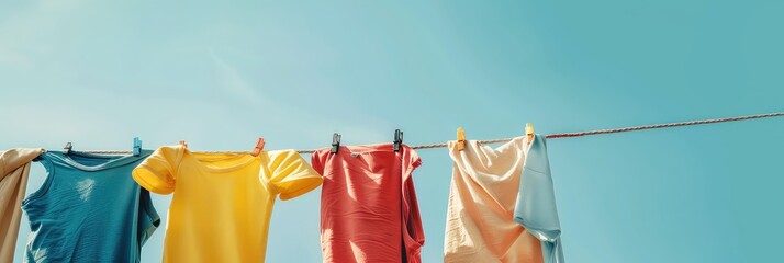 Photo of clothesline with clean clothes hung to dry advertising dry cleaning and clothes cleaning services,