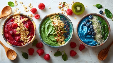 Colorful smoothie bowls, with raspberries and pitaya, a green bowl with kiwi and spinach, and a blue bowl with blueberries and spirulina, mix of seeds, nuts, and artistically sliced fruits