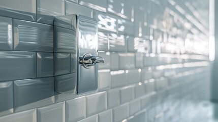 Modern chrome automatic dispenser liquid soap mounted on glossy subway tile wall.