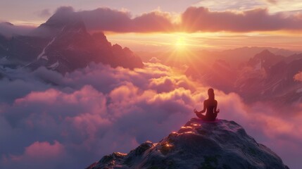 A serene yoga practitioner meditating on a mountaintop at sunrise, surrounded by misty clouds, peaceful and introspective. Mindfulness wellness concept