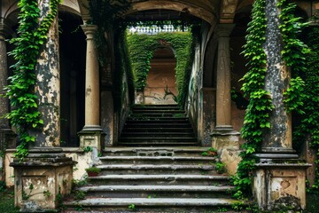 Fototapeta premium Imagine a grand staircase flanked by towering columns adorned with creeping vines, their lush green leaves creating a striking contrast, Generative AI