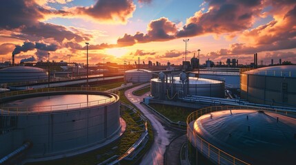 Industrial landscape of a biogas plant at sunrise, showcasing the technology that converts organic materials into renewable energy