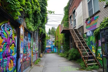 Picture a hidden alleyway filled with colorful street art, with vibrant murals adorning the walls and ivy-covered fire escapes adding, Generative AI