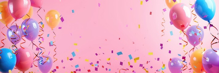 colorful balloons and streamers, on a pink background 