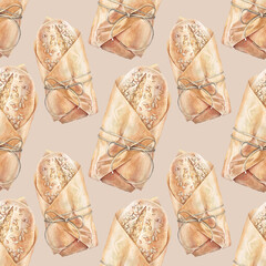 Seamless pattern with watercolor loaf of fresh crispy homemade bread on beige background. Whole grain bun for healthy breakfast. Hand-drawn food for cookbook or cafe or kitchen. Wallpaper or wrapping