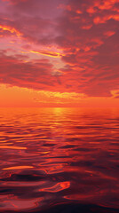 Fototapeta premium This breathtaking scene captures the tranquil beauty of a sunset over the ocean, as the sky blazes with vibrant shades of orange and red. Swirling clouds dance gracefully across the horizon