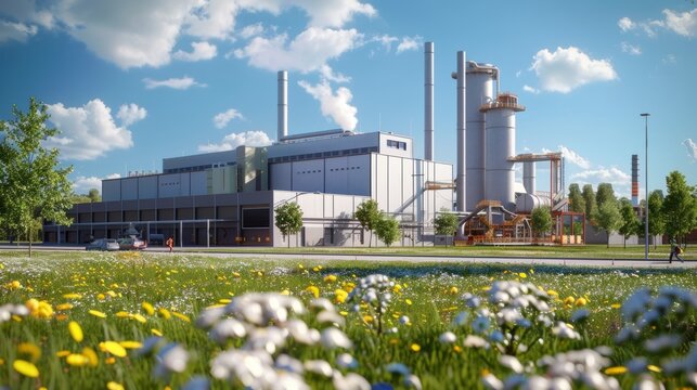 Functional view of energy production at a biomass power plant, using organic waste and residues, aimed at reducing carbon footprint