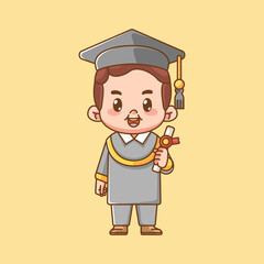 Cute graduation boy hold certificate kawaii chibi character mascot illustration outline style design
