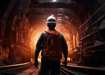 an engineer, dressed in a jacket, standing confidently in a dim underground tunnel within the city,...