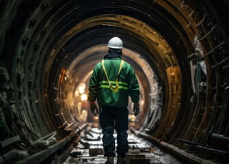 an engineer, dressed in a jacket, standing confidently in a dim underground tunnel within the city, with a radiant glow emanating from the end of the corridor.