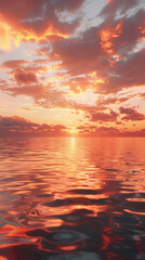 Fototapeta premium This serene image captures the breathtaking beauty of a tranquil ocean horizon at sunset. The sky is painted in a stunning palette of vibrant orange and red hues, creating a mesmerizing display 