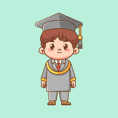 Cute boy graduation stand kawaii chibi character mascot illustration outline style design