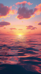 Fototapeta premium This serene image captures the breathtaking beauty of a tranquil ocean horizon at sunset. The sky is painted in a stunning palette of vibrant orange and red hues, creating a mesmerizing display 