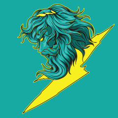 Zeus logo illustration facing right in blue with a burning yellow lightning bolt © ekosetya