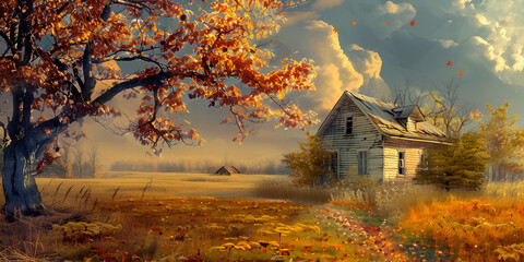 autumn landscape with old house FARM HOUSE Autumn background landscape art Autumn setting concept Autumn scenery with maple forest river sunshine and country building