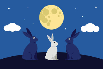 Three Rabbits Watching Full Moon vector design