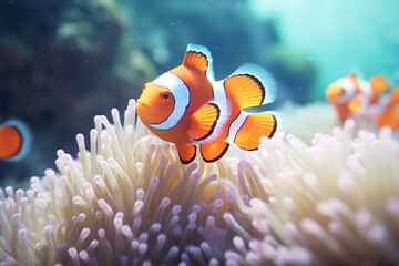 Colorful fish swim in anemone on vibrant coral reef in an underwater aquarium