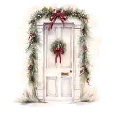 Hand drawn watercolor christmas wreath on door. New Year greeting card.
