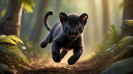 A black panther jaguar running in a forest